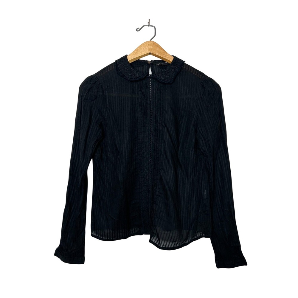 Zara Womens Long Sleeve Sheer Collared Black Blouse XS